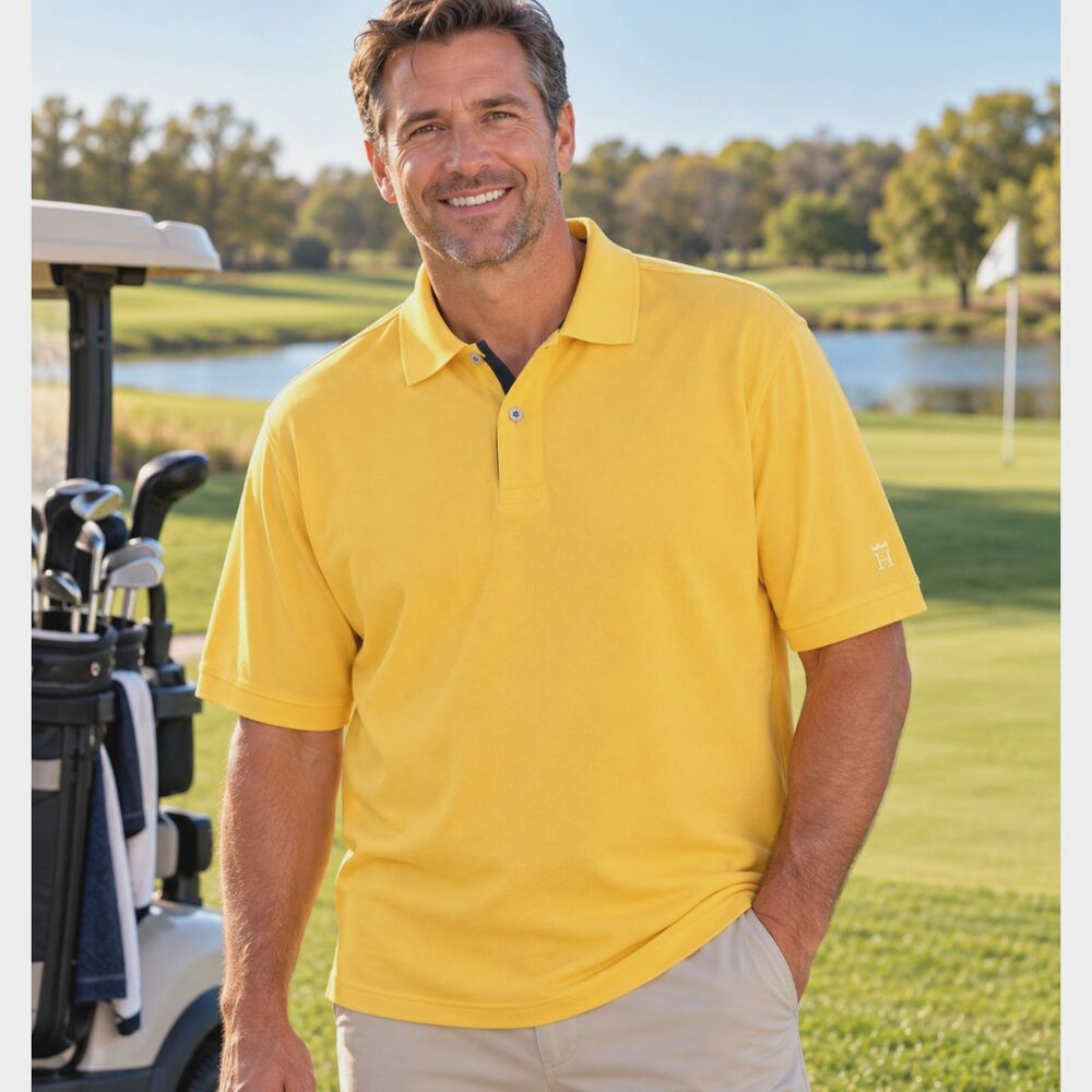 Haggar Men's XL Sunset Gold Pique Polo W2W Work To Weekend Golf Shirt NWT #24
